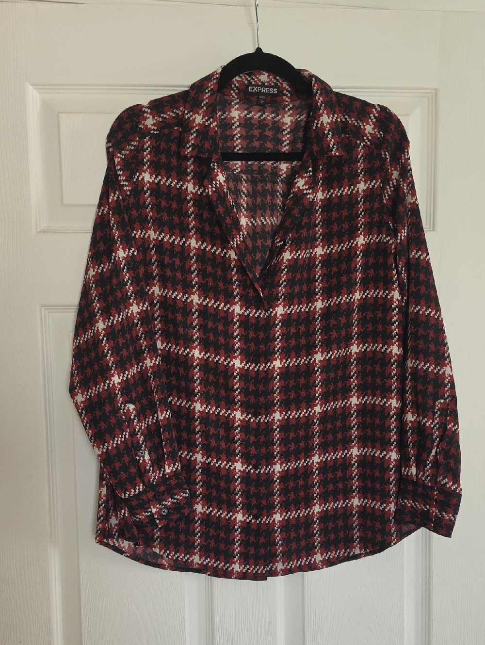 Express Women's Red and Black Button-Up Shirt